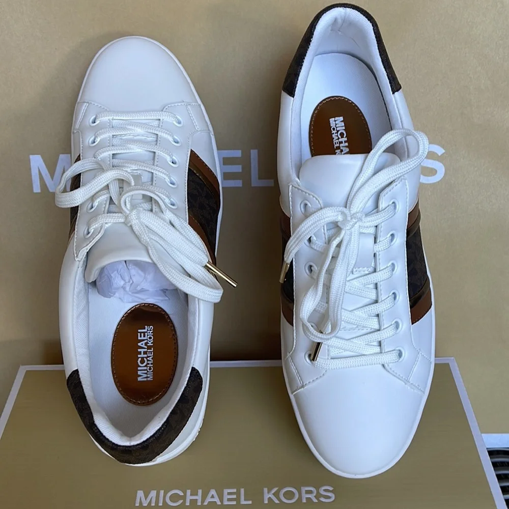MICHAEL KORS POPPY STRIPE LACE UP NAPPA FAUX LEATHER WMNS OPTIC WHITE/BROWN - Picture 14 of 16
